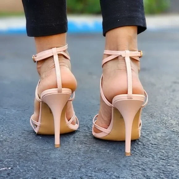 Nude Strappy Open Pointed Toe High Heels for Women Ankle Strap Adjustable Buckle - Picture 4 of 6